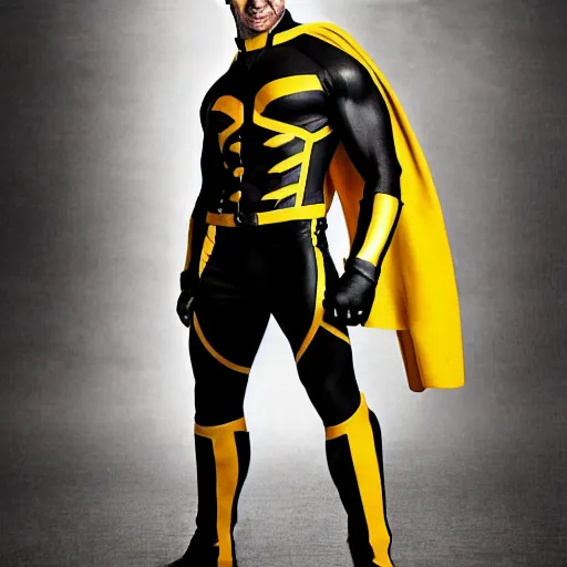Prompt: Hugh Jackman wolverine in X-Men yellow and black costume, studio photograph, strong pose