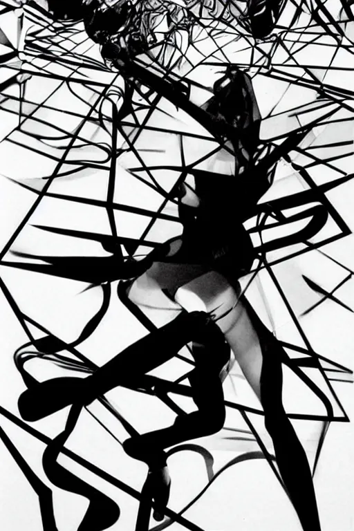 Image similar to wideangle action, a wild beautiful ballet techno dancer entangled by black tendrils of reality, madness, decoherence, synthwave, glitch!!, fracture, vortex, realistic, hyperdetailed, concept art, art by syd mead, cubism