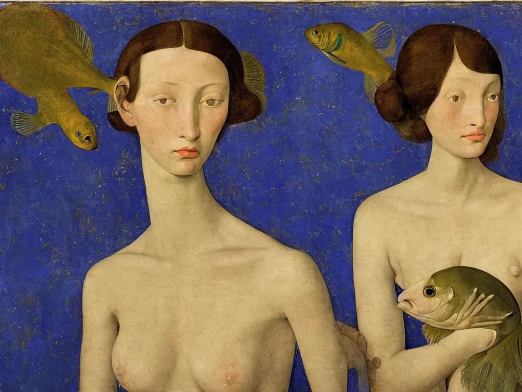 Prompt: portrait of a woman head with exotic fish. lapis lazuli. painting by piero della francesca, balthus, agnes pelton