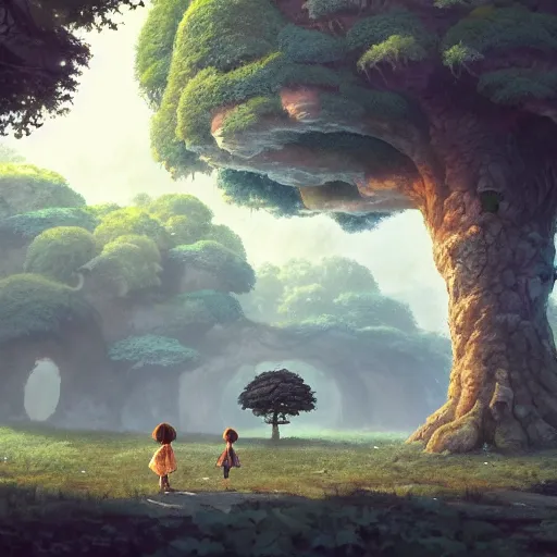 Prompt: a landscape of a single ancient oak tree with a treehouse, children running around, studio ghibli, castle in the sky, animated, anime, illustrated, vibrant, overgrown, by greg rutkowski, dungeons and dragons on artstation