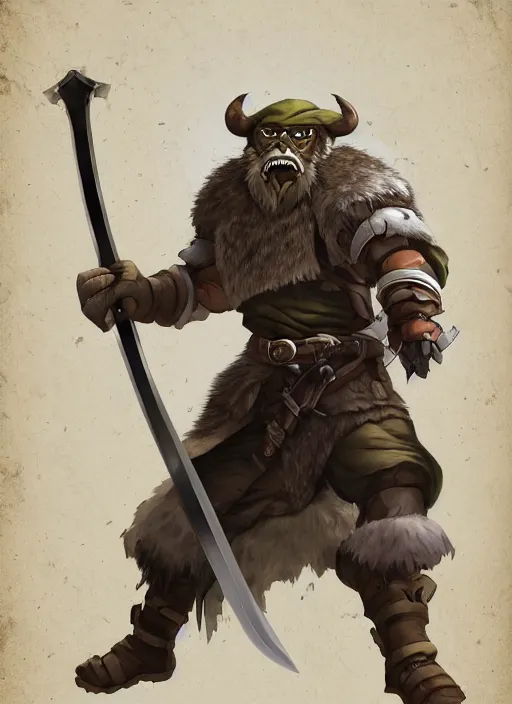 Prompt: strong young man, photorealistic bugbear ranger holding aflaming sword, black beard, dungeons and dragons, pathfinder, roleplaying game art, hunters gear, jeweled ornate leather and steel armour, concept art, character design on white background, by studio ghibli, makoto shinkai, kim jung giu, poster art, game art