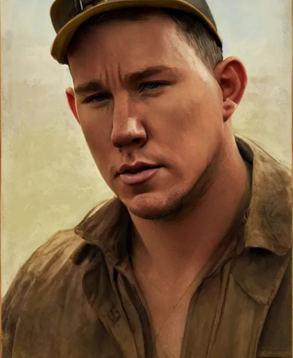 Image similar to portrait of channing tatum as an ohio farm boy, art by denys tsiperko and bogdan rezunenko and franz xaver kosler, hyperrealism