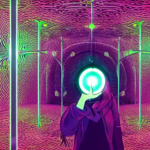 Prompt: A digital art. A rip in spacetime. Did this device in her hand open a portal to another dimension or reality?! by Olafur Eliasson, by Kilian Eng shadowy, straight