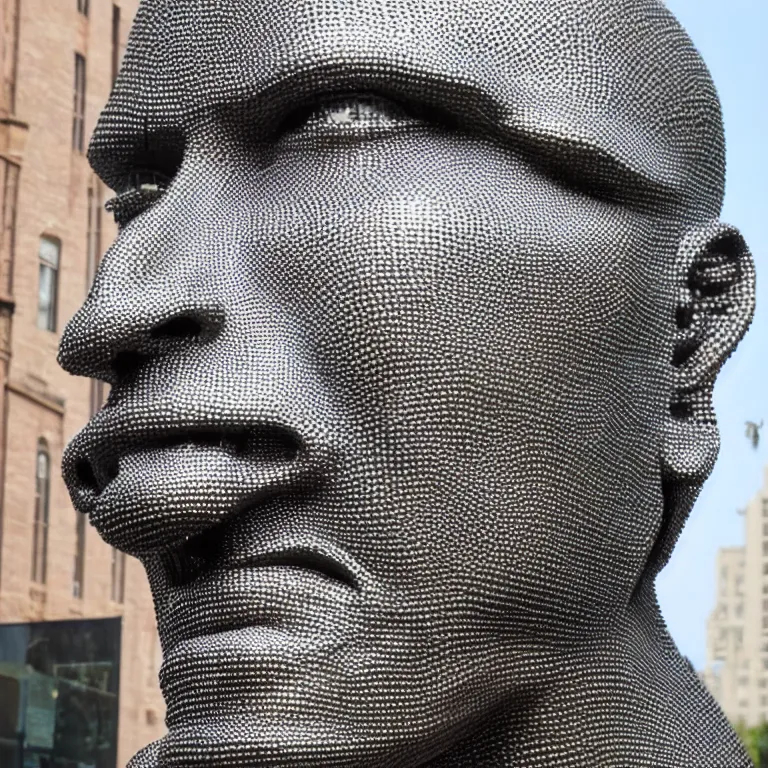 Image similar to enormous geometric accurate sculpture of james taylor sticking out his tongue, beautiful symmetrical!! face accurate face detailed face realistic proportions, made of chain mail and plate armor on a pedestal by ron mueck and frank frazzetta, cinematic lighting shocking detail 8 k