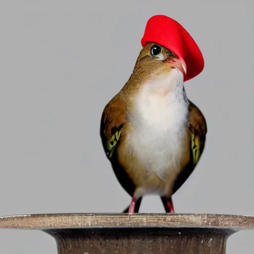 Prompt: a bird with a hat, white background