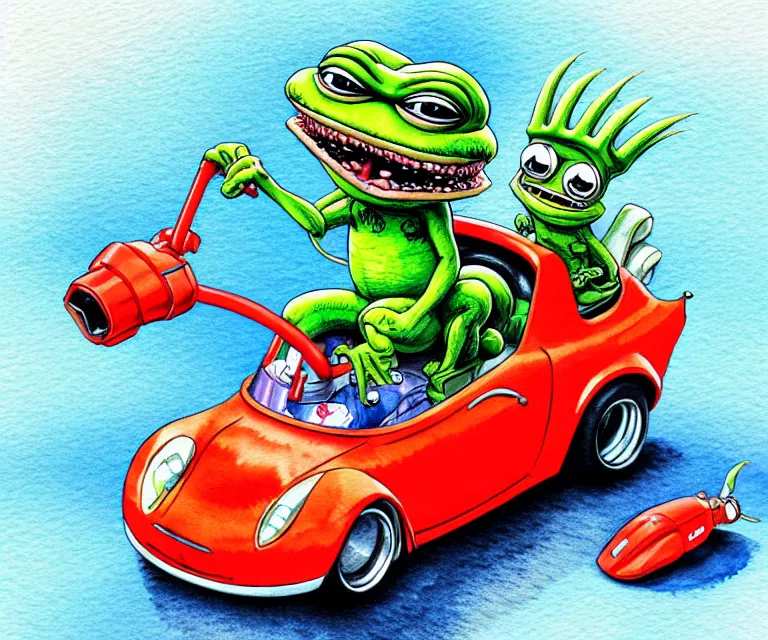 Image similar to cute and funny, pepe wearing a helmet riding in a tiny hot rod tesla with oversized engine, ratfink style by ed roth, centered award winning watercolor pen illustration, isometric illustration by chihiro iwasaki, edited by range murata, details by artgerm