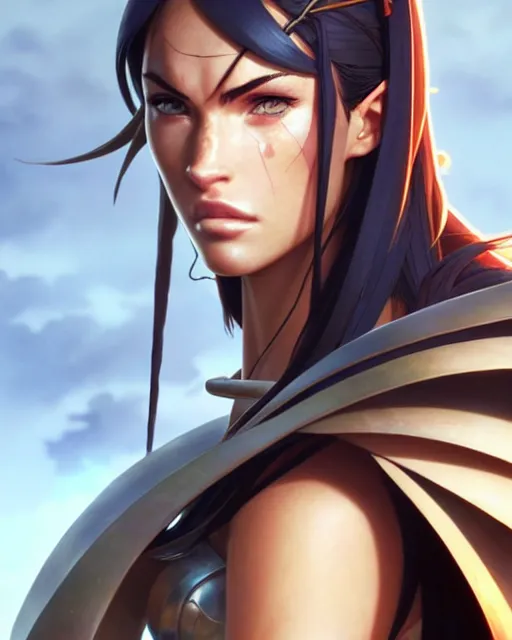 Image similar to azctec warrior, megan fox, detailed perfect face, exquisite details, fire magic, mid view, design on a white background, by studio muti, greg rutkowski makoto shinkai takashi takeuchi studio ghibli