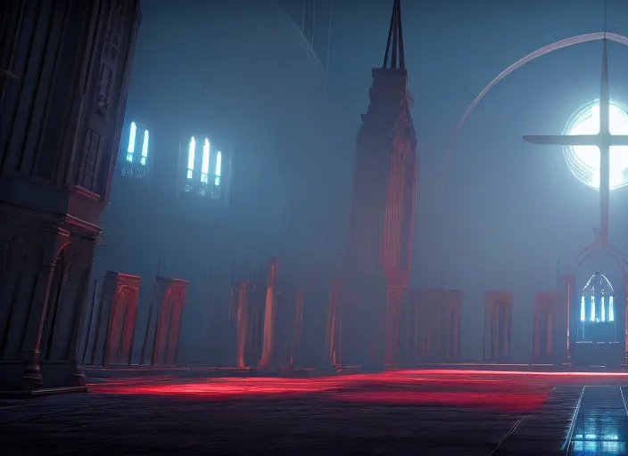 Image similar to symmetry!! centered!! ancient church of worship with red shafts of light in destiny 2, foggy, liminal, dark, dystopian, beautiful architecture, abandoned, highly detailed 4 k 6 0 fps destiny 2 promotional poster image wallpaper expansion