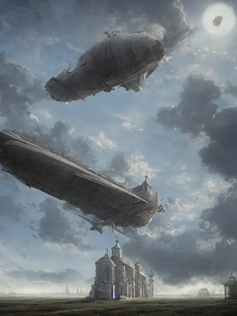 Image similar to a large dieselpunk airship is standing in the air over a splendid white church in russia, full morning sun, matte painting by greg rutkowski, craig mullins, federico pelat, levitan, rozalski