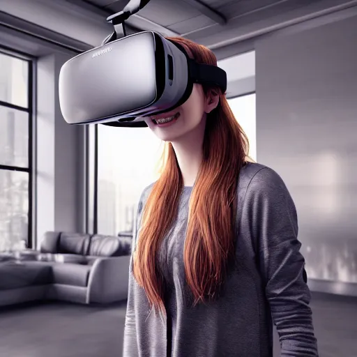 Prompt: realistic photo of a beautiful smiling person wearing a modern virtual reality headset standing in a big room. hypermaximalistic, high details, cinematic, 8 k resolution, beautiful detailed, insanely intricate details, artstation trending, octane render, unreal engine