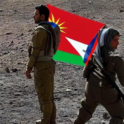 Image similar to kurdish astronaut holding a iraqi kurdistan flag in a movie directed by christopher nolan, movie still frame, promotional image, imax 7 0 mm footage