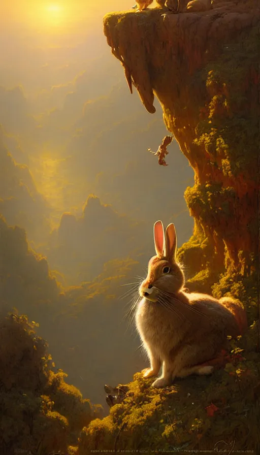 Image similar to rabbit looking off of a cliff, sun setting behind rabbit, lush forest in valley below, painted by tom bagshaw, james gurney, gaston bussiere, craig mullins, j. c. leyendecker 8 k