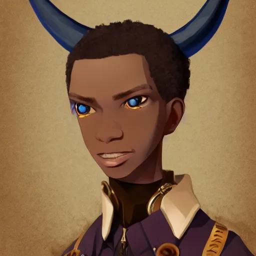 Prompt: african american man with blue eyes, blonde hair, horns, wearing steampunk attire, highly detailed, digital painting, artstation, matte, by makoto shinkai, animation style