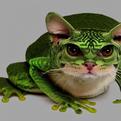 Image similar to detailed photograph of a hybrid chimera creature thats a mix between a catfrog cat frog and a cat cat frog cat,, ((frog)), furry cat, ((cat)), lots of fur, mix between a frog and a cat