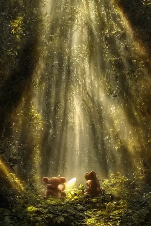 Image similar to mean fluffy teddybear protecting girl in a forest with rays of light coming through the canopy, masterpiece, dystopian, sci-fi, extremely detailed, digital painting, sculpted in zbrush, artstation, concept art, smooth, sharp focus, illustration, chiaroscuro lighting, golden ratio, incredible art, artgerm, greg rutkowski, alphonse mucha, simon stalenhag, carravaggio