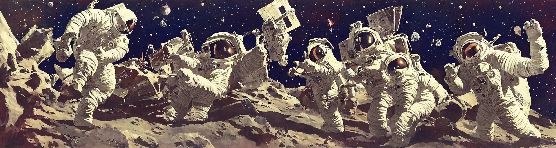 Prompt: astronauts playing music in the space by frank frazetta