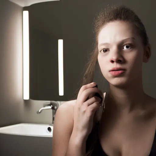 Image similar to realistic photograph of a girl facing the mirror while holding a bathroom sink with both hands in a dark room