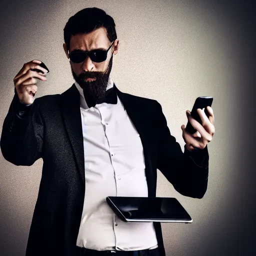 Image similar to man in a black suit, holding a very advance phone, photorealistic, realistic, dramatic, cinematic, cinematic, photography