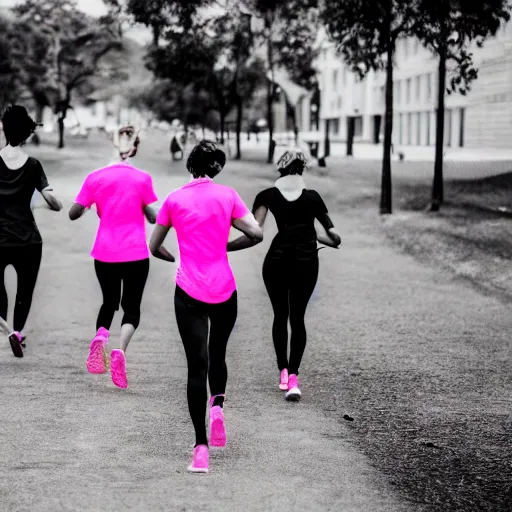 Image similar to group of woman running with pink t-shirts view from behind, front lit, cinematic, epic, 50mm