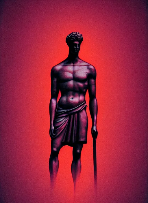 Image similar to black background with subtle red and purple design elements, greco roman statue, nekro, graphic design, thin lines, dark, glitch art, neo vaporwave, gritty, layout frame, trending on artstation