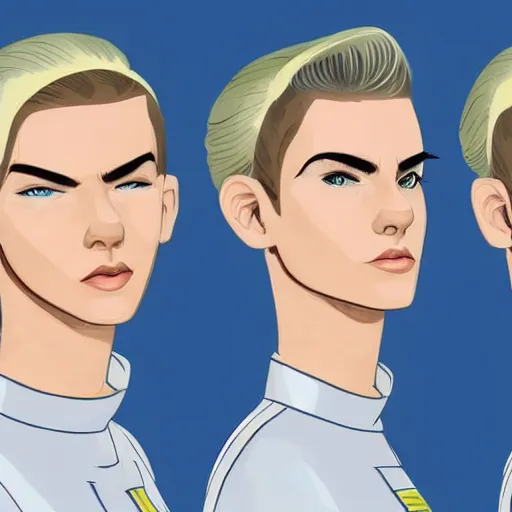 Image similar to character concept art of stoic heroic emotionless handsome blond butch tomboy woman with very short slicked-back hair, no makeup, in dirty and worn flight suit, science fiction, illustration