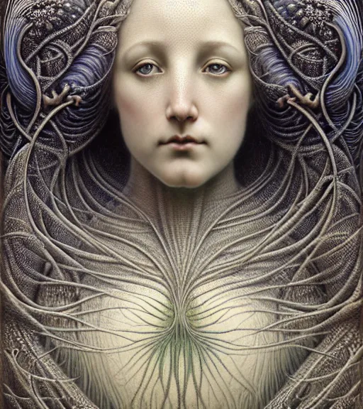 Prompt: detailed realistic beautiful frost goddess face portrait by jean delville, gustave dore, iris van herpen and marco mazzoni, art forms of nature by ernst haeckel, art nouveau, symbolist, visionary, gothic, neo - gothic, pre - raphaelite, fractal lace, intricate alien botanicals, ai biodiversity, surreality, hyperdetailed ultrasharp octane render