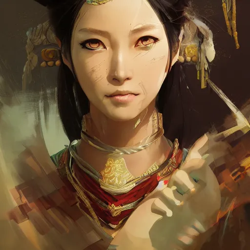 Image similar to ancient dynasty princess, dynasty warriors, cute face, 8 k beautiful, elegant, grafity, c 4 d, digital painting, smooth, concept art, in style of yoji shinkawa, pan ren wei, col price, atey ghailan, by greg rutkowski, aesthetic