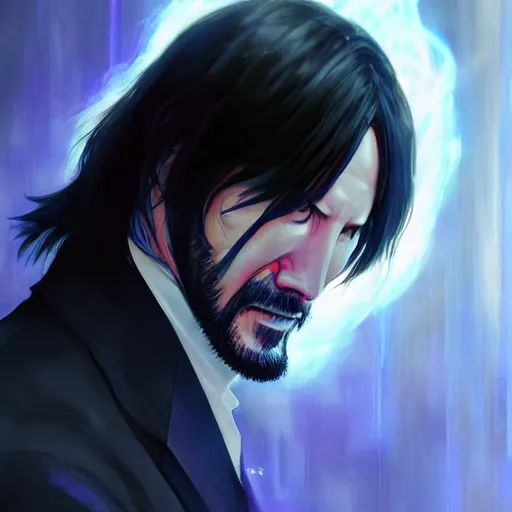 Image similar to anime portrait of John WIck as a shaman yedi using dark force to eliminate trump as an anime antagonist by Stanley Artgerm Lau, WLOP, Rossdraws, James Jean, Andrei Riabovitchev, Marc Simonetti, and Sakimichan, trending on artstation
