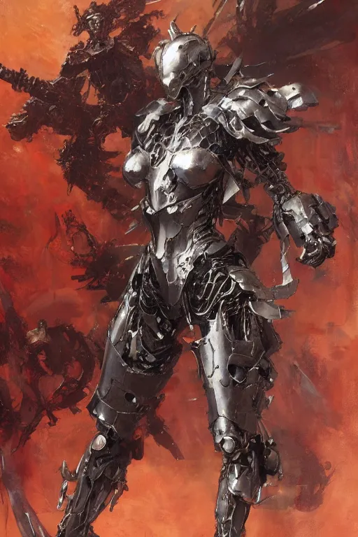 Image similar to full body girl metal armor painting by gaston bussiere, greg rutkowski, yoji shinkawa, tsutomu nihei
