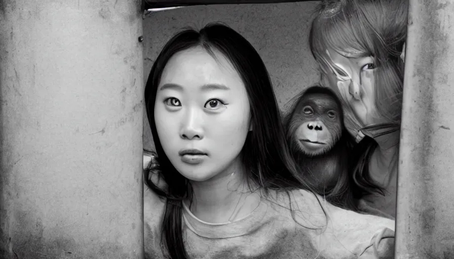 Prompt: Cheery photo of Chuu from LOONA and an orangutan poking up out of trashcans. In the style of Lee Jeffries