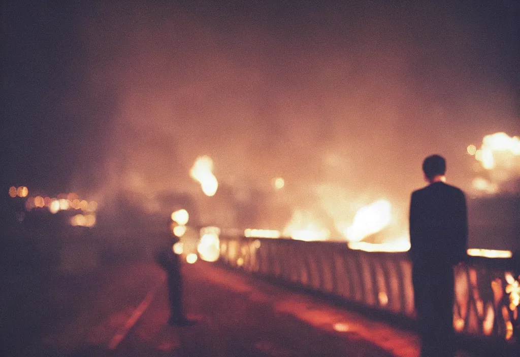 Prompt: lomo photo of a man standing on top of a burning bridge, cinestill, bokeh, out of focus, night, dramatic lighting