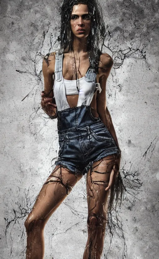 Prompt: grungy woman, soft eyes and narrow chin, dainty figure, long hair straight down, torn overalls, skimpy shorts, combat boots, fish net leggings, basic white background, side boob, in the rain, wet shirt, symmetrical, single person, style of by Jordan Grimmer and greg rutkowski, crisp lines and color,