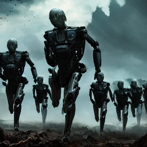 Image similar to an army of androids running towards the last human sanctuary on earth, apocalyptic, highly detailed, grungy, end of days, photorealistic, battle nots, the end