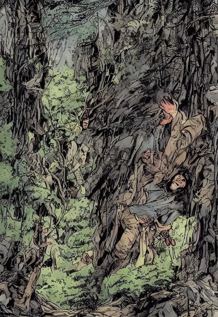 Prompt: western comic book art of a man in a jacket in a forest looking up at a glass castle, epic, inked, illustration
