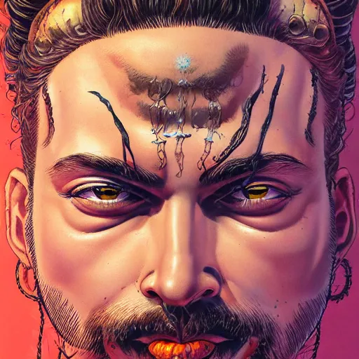 Image similar to portrait closeup of crazy post malone, symmetrical, by yoichi hatakenaka, masamune shirow, josan gonzales and dan mumford, ayami kojima, takato yamamoto, barclay shaw, karol bak, yukito kishiro