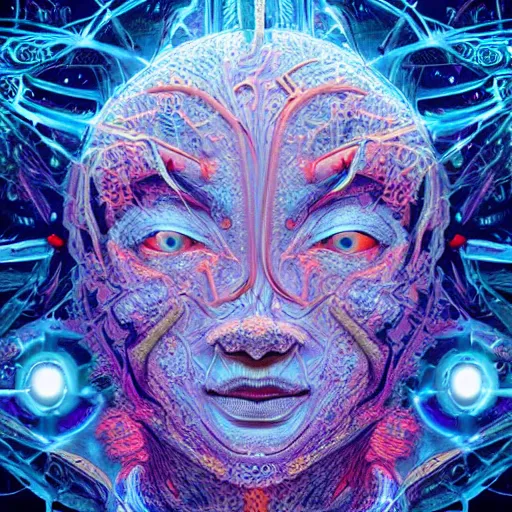 Prompt: Face of a Alien Deity, centered, corals with detailed circuits on it, plume made of geometry, extremly detailed digital painting, sharp focus in the style of android jones, artwork of a futuristic artificial intelligence superstar with frames made of detailed circuits, mystical colors, rim light, beautiful lighting, 8k, stunning scene, raytracing, octane, under water visual distortion, dark tones colors, trending on artstation