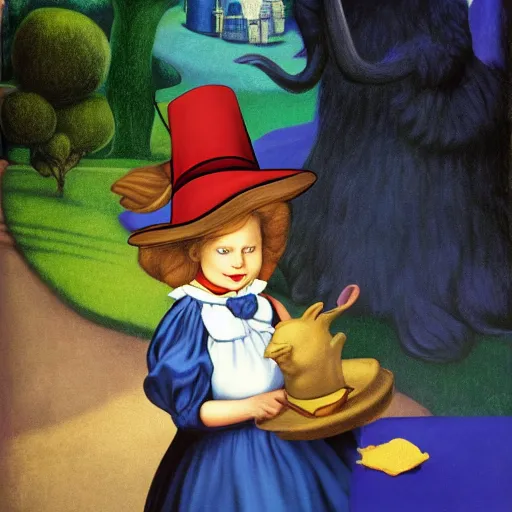 Image similar to Alice in Wonderland and Wizard of Oz by Raphael, Hopper, and Rene Magritte. detailed, romantic, enchanting, trending on artstation.