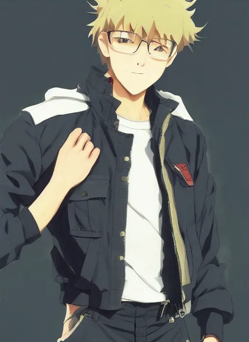 Image similar to a handsome young man! model, wearing ma - 1 flight suit jacket and overalls, trending on pixiv fanbox, painted by greg rutkowski makoto shinkai takashi takeuchi studio ghibli, akihiko yoshida