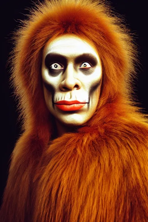 Image similar to a professional portrait photo of a neanderthal woman forest, face paint, ginger hair and fur, extremely high fidelity, natural lighting, still from the movie quest for fire