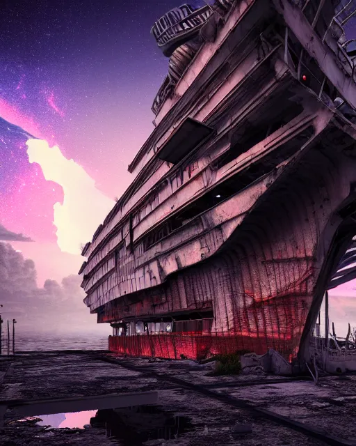 Prompt: a beautiful hyperdetailed render of shipwreck industrial architecture urbex by gordon bunshaft, at night synthwave tundra thermal vision nightsky galactic evil wilderness lake alien sci - fi futuristic gem dramatic lightning retrowave, archdaily, wallpaper, highly detailed, trending on artstation.