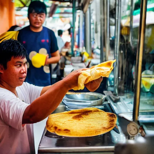 Prompt: a photograph of pikachu, with a towel over his neck, flipping roti prata at a hawker stall in singapore, nikkor 3 5 mm f / 4. 5, press photography - c 5 0