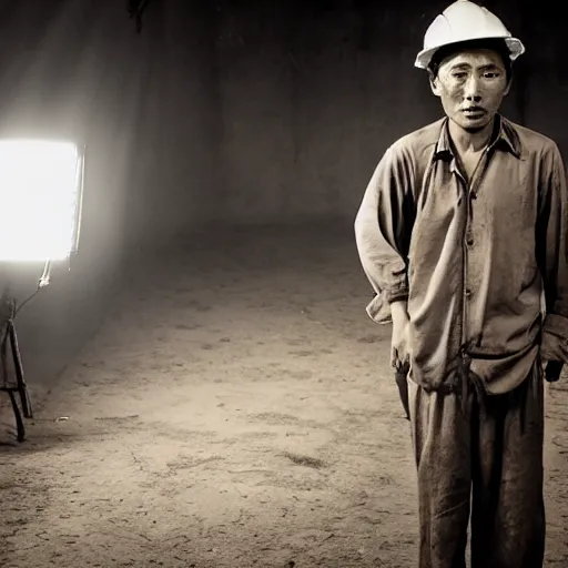 Image similar to a dramatic portrait of worker from asia, cinematic lighting