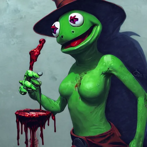 Image similar to High resolution DSLR photograph of Kermit The Frog as a vampire covered in blood Anime Bioshock steampunk realistic shaded lighting by katsuhiro otomo ghost-in-the-shell, magali villeneuve, artgerm, rutkowski Jeremy Lipkin and Giuseppe Dangelico Pino and Michael Garmash and Rob Rey