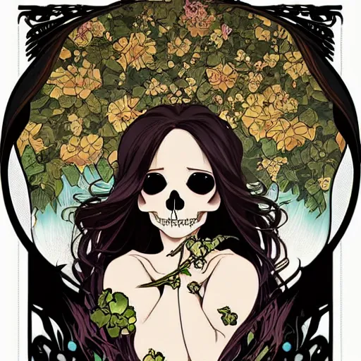 Image similar to anime manga skull portrait young woman hair floral by James Jean fairytale comic skeleton illustration style by Alphonse Mucha pop art nouveau