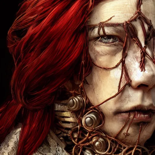 Image similar to portrait of a Shibari barbed wire wrapped face and neck, headshot, insanely nice professional hair style, dramatic hair color, digital painting, of a old 17th century, old cyborg merchant, amber jewels, baroque, ornate clothing, scifi, realistic, hyperdetailed, chiaroscuro, concept art, art by Franz Hals and Jon Foster and Ayami Kojima and Amano and Karol Bak,