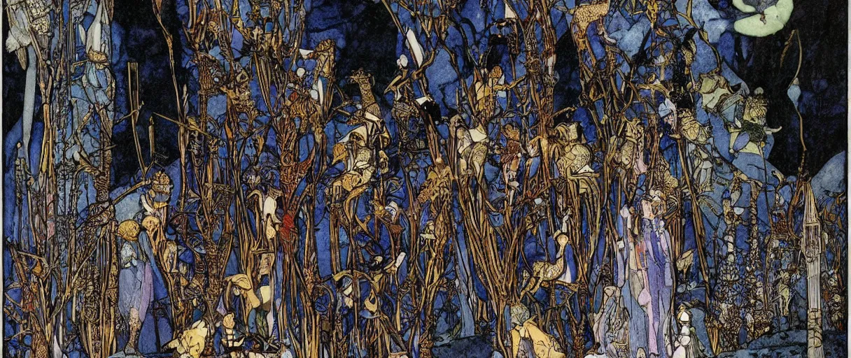 Prompt: A beautiful illustration of a civilization of anthropomorphic Feline warriors by Harry Clarke | Graphic Novel, Visual Novel, Colored Pencil, Comic Book:.3 | unreal engine:.5 | establishing shot