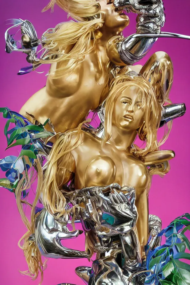 Image similar to an extreme close - up of a statue of a chrome cyborg lycra nymph vinetria with long flowing golden blonde hair wrestling with a giant flamingo, tropical flower plants, thick pigmented smoke, by jeff koons, hajime soryama, boris vallejo, artgerm, greg rutkowski, alphonse mucha