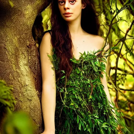 Image similar to Portrait of the beautiful woman Lana Rhoades as a dryad, she has those characteristic sparkling green eyes, she is looking straight to the camera, she has a glow coming from her, she is getting illuminated for rays of light, behind her is an ancient forest full of life, the photo was taking by Annie Leibovitz, Ellie Victoria Gale and Steve McCurry, matte painting, oil painting, naturalism, 4k, 8k