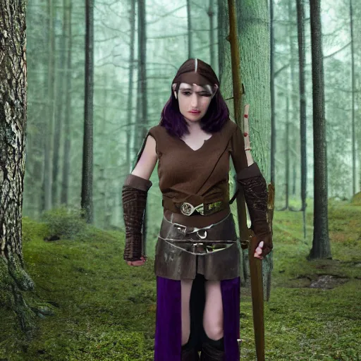 Image similar to anya charlota as a medieval fantasy wood elf, dark purplish hair tucked behind ears, wearing a green tunic with a fur lined collar and brown leather armor, wide, muscular build, scar across nose, one black, scaled arm, cinematic, character art, digital art, forest background, realistic. 8 k,