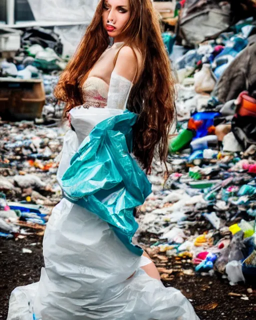 Image similar to a beautiful photo of a Young female with long hair and reflective eyes, Queen of trash wearing a gown made of plastic bags and trash, surrounded by trash all around and in the background, top cinematic lighting , very detailed, shot in canon 50mm f/1.2